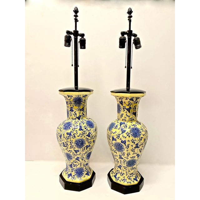 Chinoiserie Blue and Yellow Table Lamps - A Pair For Sale In Los Angeles - Image 6 of 7