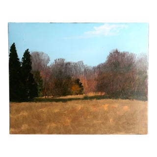 Mid 20th Century Landscape Oil Painting by William Rabon of Autumn Field With Trees and Blue Sky For Sale