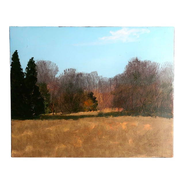 Mid 20th Century Landscape Oil Painting by William Rabon of Autumn Field With Trees and Blue Sky For Sale