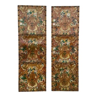 Italian Painted and Tooled Leather Panels a Pair For Sale