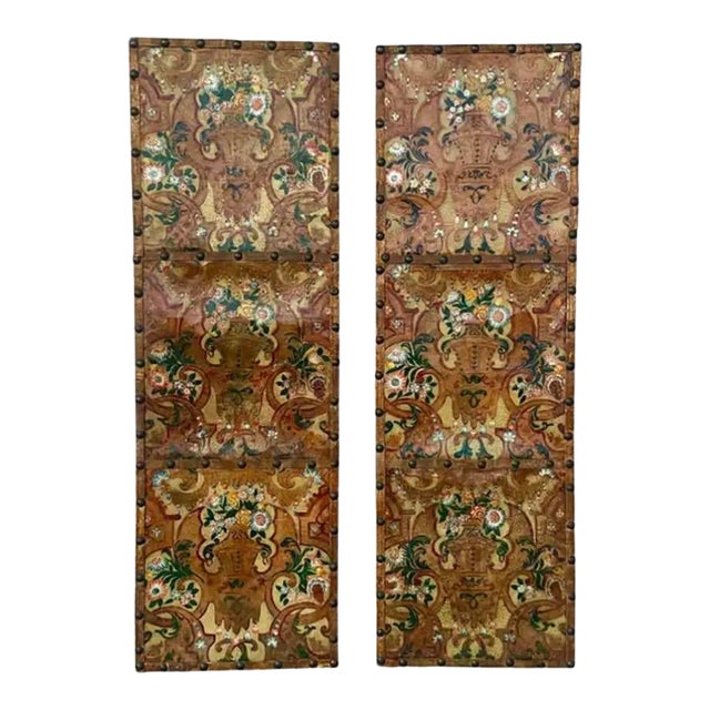 Italian Painted and Tooled Leather Panels a Pair For Sale