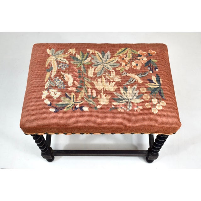 Wood Antique English Barley Twist Bench Stool in Oak With Tapestry For Sale - Image 7 of 8
