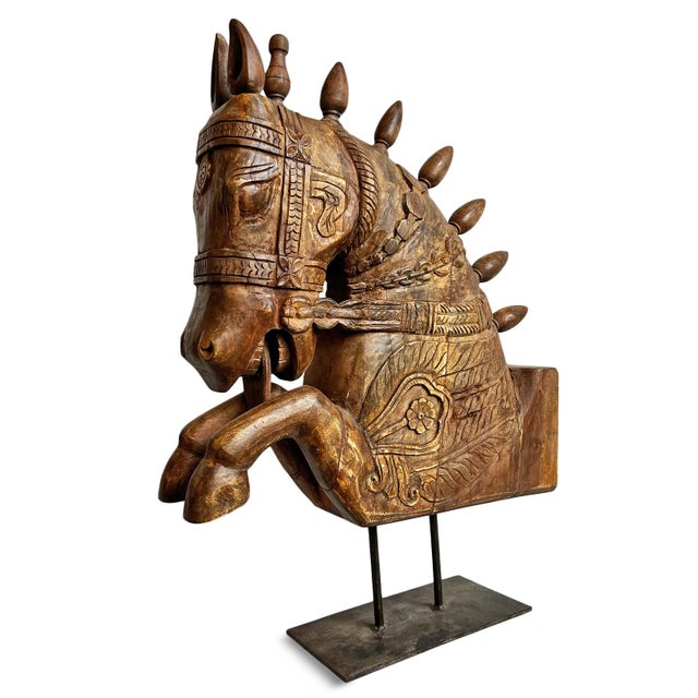Impressive carved wood Marwari horse bust with front legs in a jumping motion and mouth open as if neighing. Beautiful...