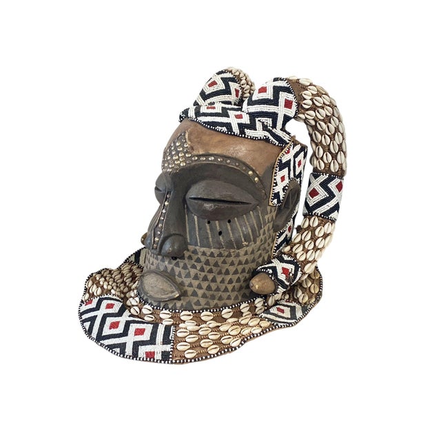 Vintage Large African Tribal Beaded Kuba Royal Head Mask Congo 15" H For Sale In New York - Image 6 of 9