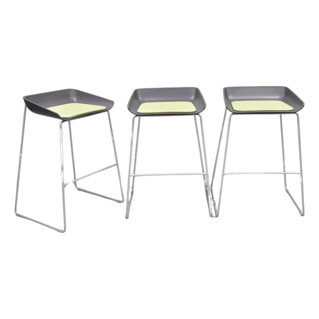 Turnstone by Steelcase Metal Scoop Barstool Stool W/ Green Cushion - Set of 3 For Sale