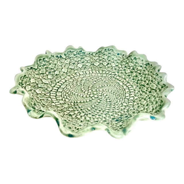 Vintage Scalloped Edge Sage Green Studio Ceramic Bowl - Artist Signed For Sale