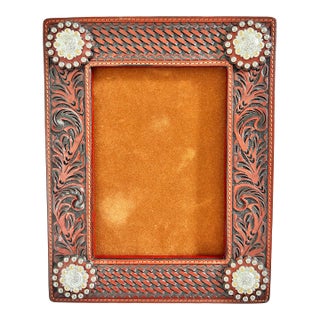 1980s Southwestern Tooled Leather Picture Frame With Concho Accents, Holds 5x7 Photo For Sale