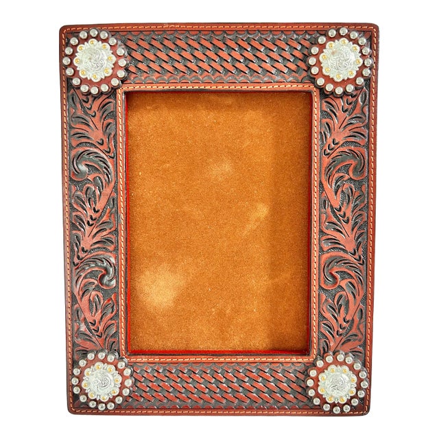 1980s Southwestern Tooled Leather Picture Frame With Concho Accents, Holds 5x7 Photo For Sale