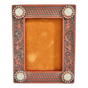1980s Southwestern Tooled Leather Picture Frame With Concho Accents, Holds 5x7 Photo