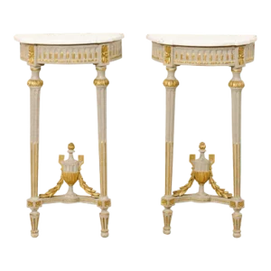 Late 19th Century Petite Neoclassic Marble Top Wall Consoles - a Pair