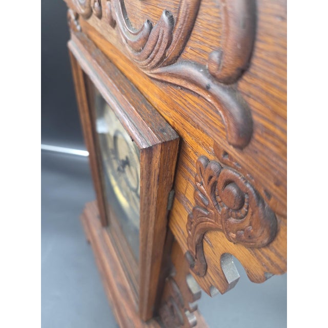Antique New Haven "Maine Line" 8-Day Striking Stenciled Glass & Wood Case Mantel Clock For Sale - Image 13 of 18
