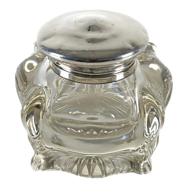 Antique Simons Brothers Crystal and Sterling Silver Inkwell For Sale