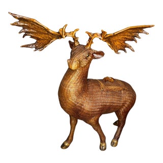 Vintage Shanghai Handicrafts Woven Rattan Moose Sculpture With Hidden Storage, Mid-Century Chinese Export Art For Sale