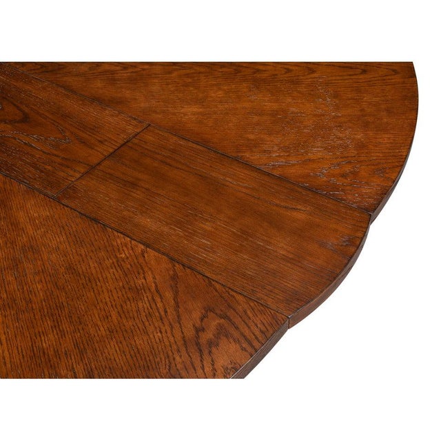 Transitional Round Dining Table, Medium - Warm Brown Oak With Hammered Iron Accents For Sale - Image 9 of 11