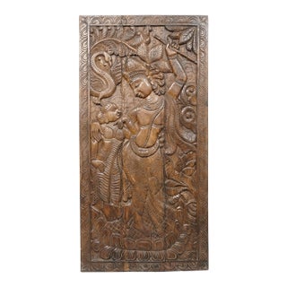 Antique Hand-Carved Wooden Krishna Wall Panel With Peacock | Vintage Indian Sculptural Wall Art 72x35 For Sale