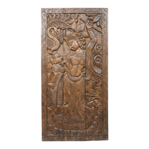 Antique Hand-Carved Wooden Krishna Wall Panel With Peacock | Vintage Indian Sculptural Wall Art 72x35