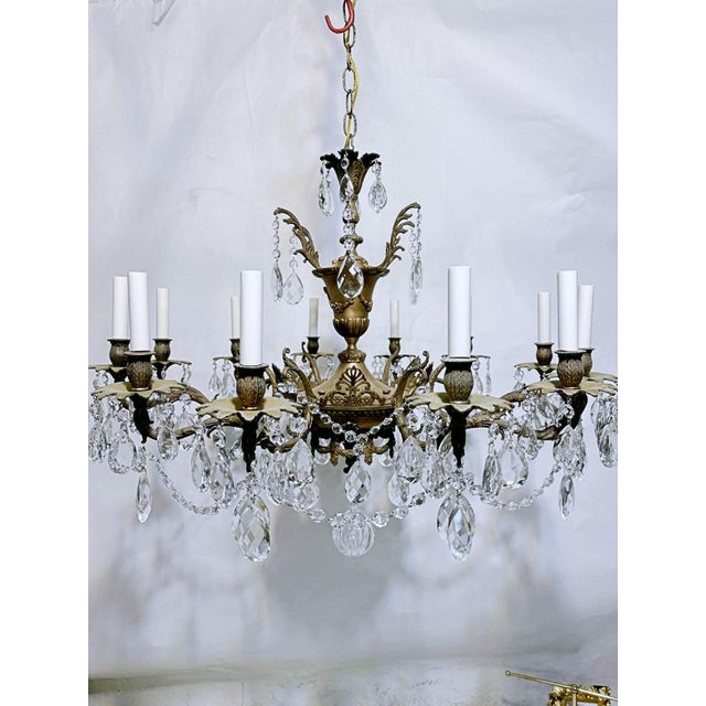 Traditional 1920's Ornate Bronze Chandelier With Crystal Pendant For Sale - Image 3 of 11