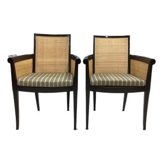 Pair of David Sutherland Wood and Cane Armchairs in Ebony Finish With Grasscloth Cushions For Sale