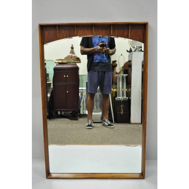 Vintage Mid Century Modern Sculpted Walnut & Rosewood Beveled Glass Wall Mirror For Sale - Image 10 of 10