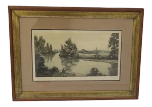 Late 20th Century Very Nice Signed Numbered Color Aquatint Etching Town River Fisherman Fishing