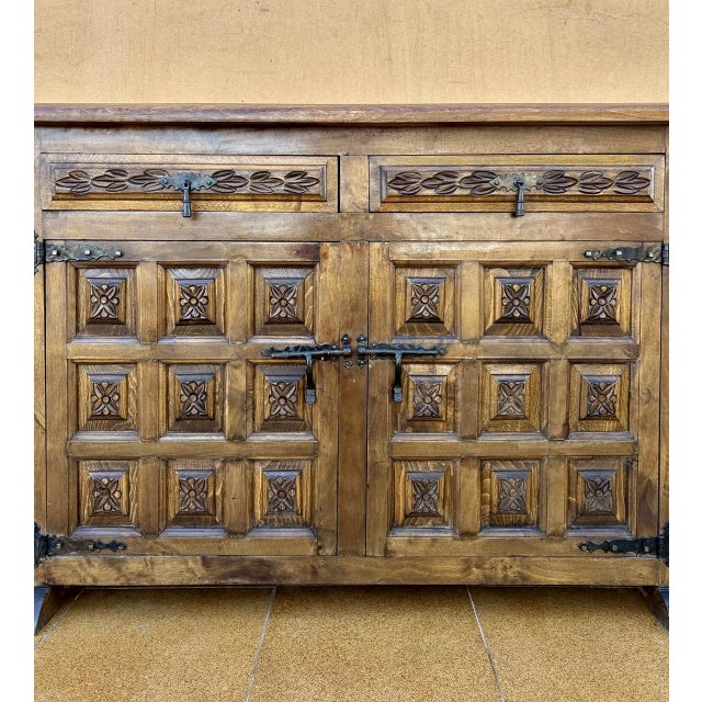 Spanish Rustic Sideboard with Hand-Carved Panels and Original Iron Hardware, 1960 For Sale - Image 3 of 10