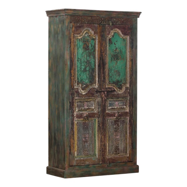 Armoire Constructed From Antique Indian Painted Teakwood Doors and Elements For Sale