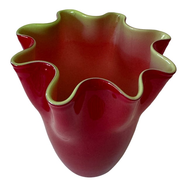 Vintage Red and Green Cased Glass Fazzoletto Handkerchief Vase, Murano Style, C. 1960s For Sale