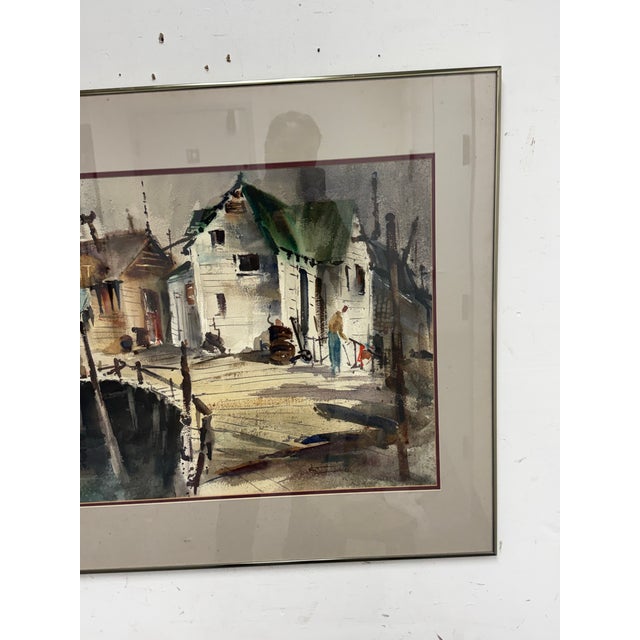 Late 20th Century Kenneth Siqueira Fishing Wharf Framed Watercolor, Signed For Sale - Image 5 of 11