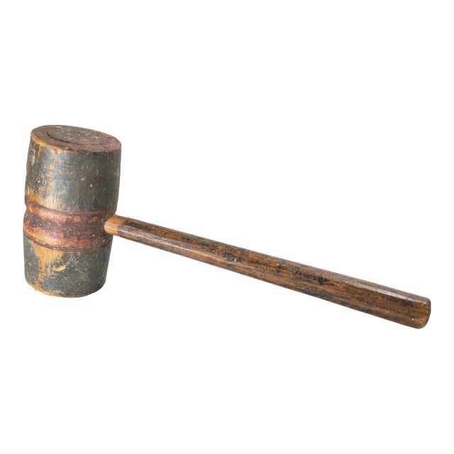 19th or 20th Century Rustic Primitive Folk Art Red and Blue Painted Wood Mallet For Sale