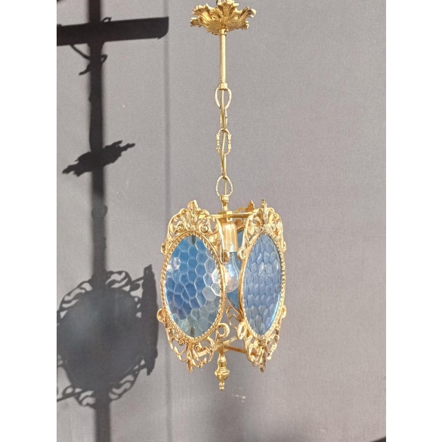 1960s Ceiling Light Vintage French Brass Blue Glass Chandelier For Sale - Image 10 of 14
