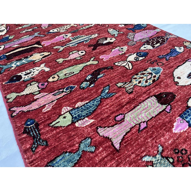 Hand-Knotted Pictorial Fish Runner on Red Ground, 2'8" X 8'0" For Sale - Image 9 of 9