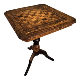 Neoclassical Italian Walnut Inlay Tripod Chess Game Side Table, 1950s For Sale