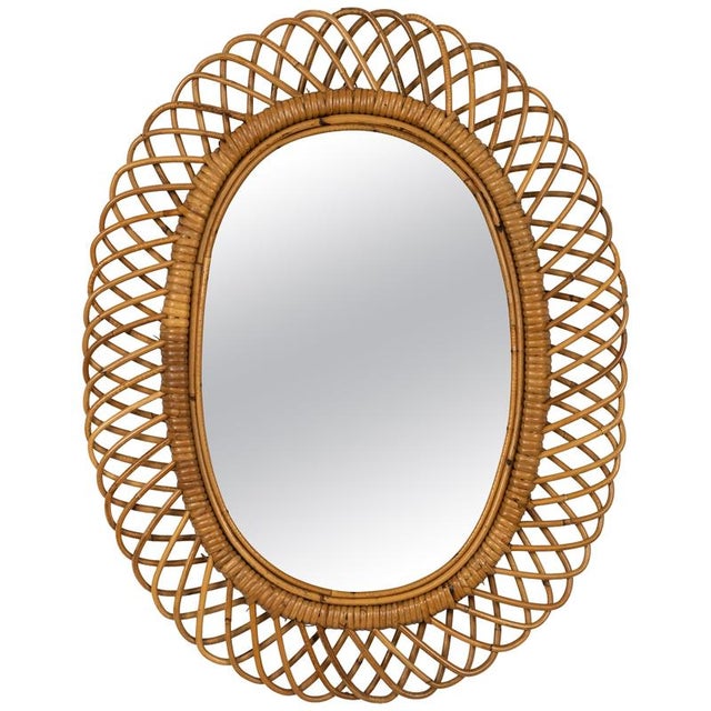Mid-Century Rattan and Bamboo Oval Wall Mirror from Franco Albini, Italy, 1960s For Sale - Image 9 of 9