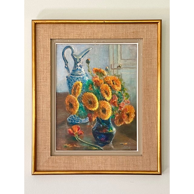 French Mid-Century Floral Still Life in Orange and Blues Oil on Board, Initialed, Dated 1957 For Sale - Image 13 of 13