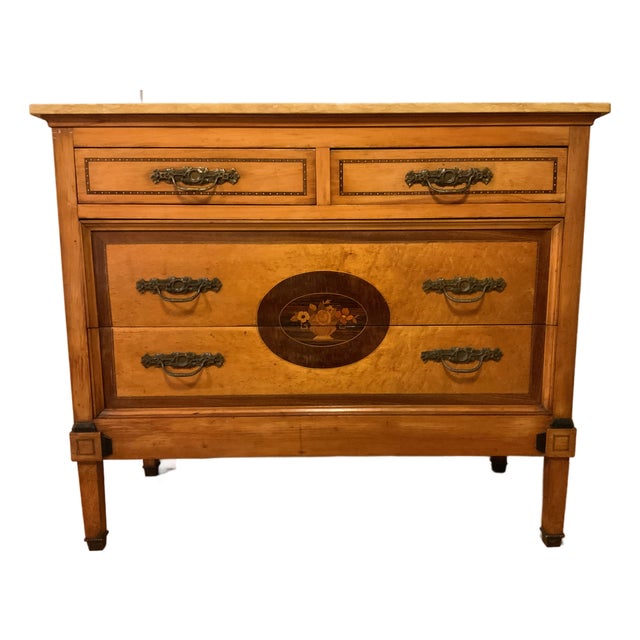 19th C. Italian Louis XVI Style Marquetry Commode, Original Siena Marble For Sale