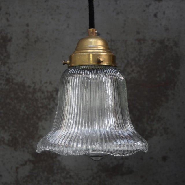 Vintage French Glass and Brass Pendant Light from Holophane For Sale - Image 5 of 7
