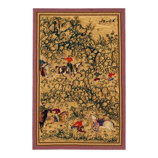 Vintage Persian Hunting Scene Tapestry | Handcrafted Equestrian Textile Wall Hanging | Falconer & Horsemen Landscape | 49” X 74” For Sale