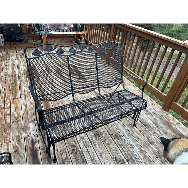 Russell Woodard 1960s Woodard "Briarwood" Wrought Iron & Mesh Patio Glider Loveseat, Attributed For Sale - Image 4 of 5