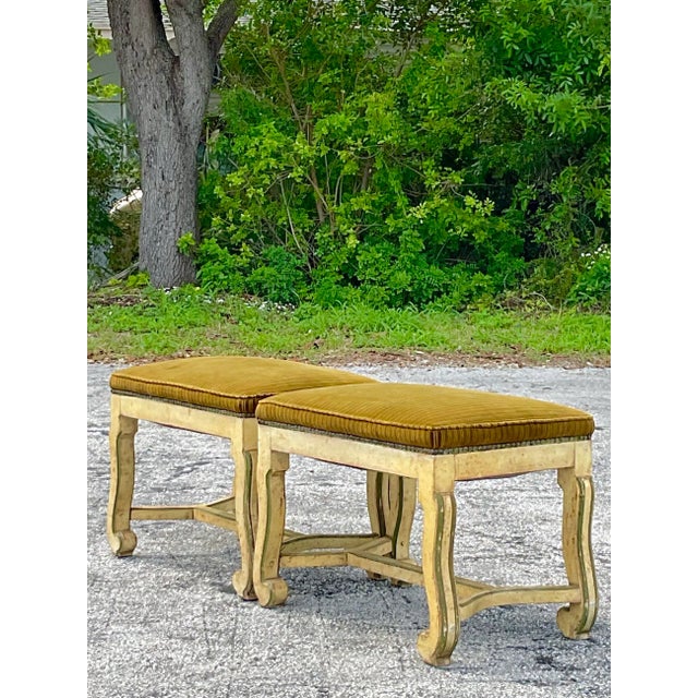 Mid 20th Century Vintage Pair of Carved Wood Corduroy Stools For Sale - Image 5 of 6