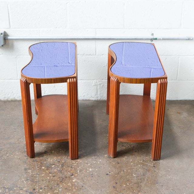 1930s Art Deco Cobalt Blue Glass Kidney Shaped End Tables Set of 2