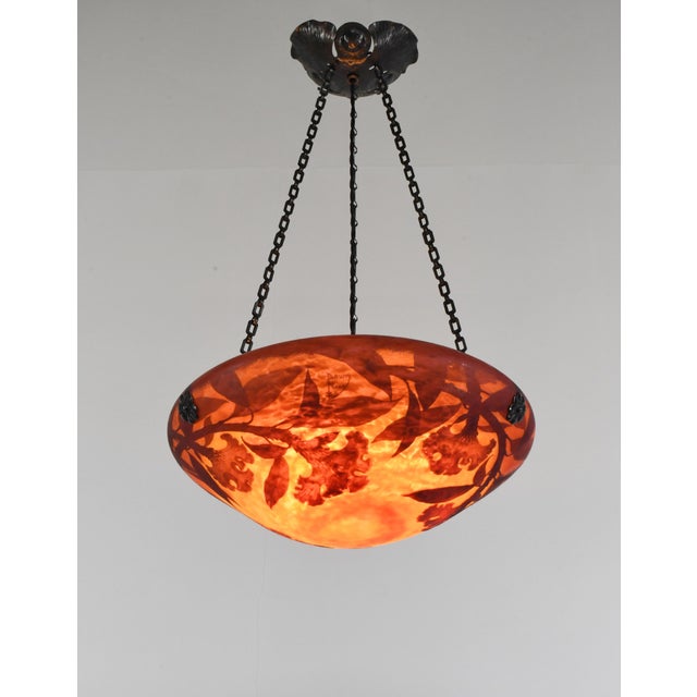 Daum freres & Louis Majorelle célosia cristata A wonderful French art deco hanging fixture in wrought iron with a rare...