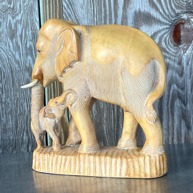 Wood Vintage Boho Hand Carved Elephants Sculpture For Sale - Image 7 of 8