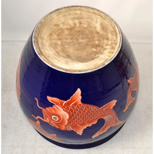 Vintage Marked Chinese Porcelain Floral Planter Blue & White Golden Koi Fish For Sale - Image 10 of 12