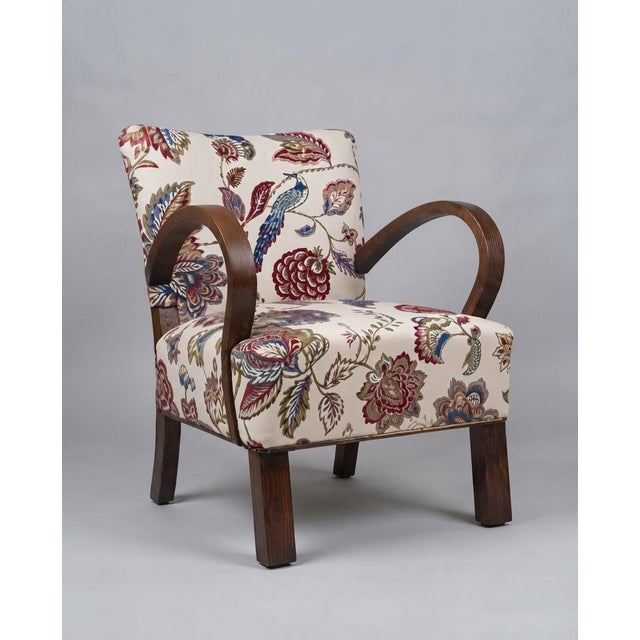Vintage Hungarian Art Deco Lounge Chairs in Botanical Bird and Floral Pattern Fabric with Wooden Frames, 1930s, Set of 2 For Sale - Image 3 of 4