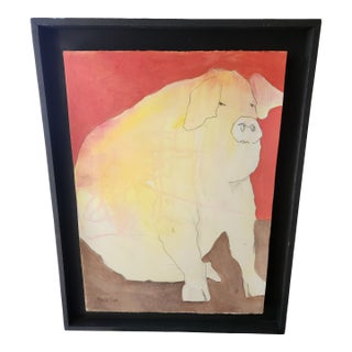 Fabulous Fine Art Water Media Painting Superior Pig Artist Roberta Dyer For Sale