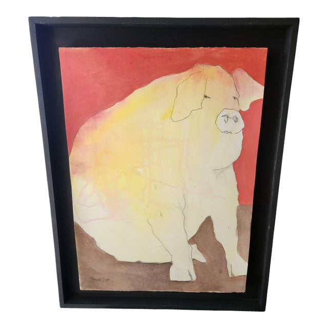 Fabulous Fine Art Water Media Painting Superior Pig Artist Roberta Dyer For Sale