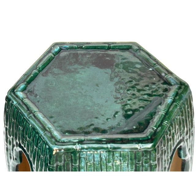 Asian Hexagon Green Open Window Flower Bamboo Motif Clay Garden Stool Table For Sale - Image 4 of 9