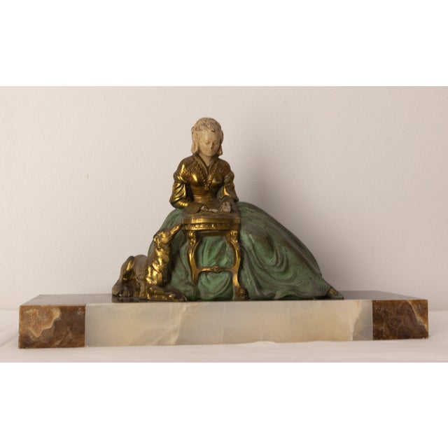 French Art Deco Onyx & Polychrome Pewter Reading Woman with Dog, 1930 For Sale - Image 3 of 9