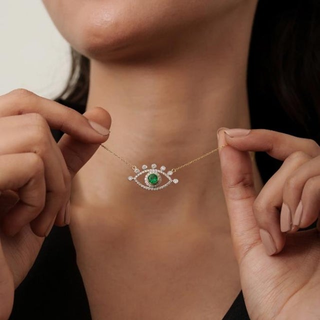 Not Yet Made - Made To Order Round Emerald Diamond Green Evil Eye Pendant Necklace in 14k Yellow Gold- 18 Inches For Sale - Image 5 of 15