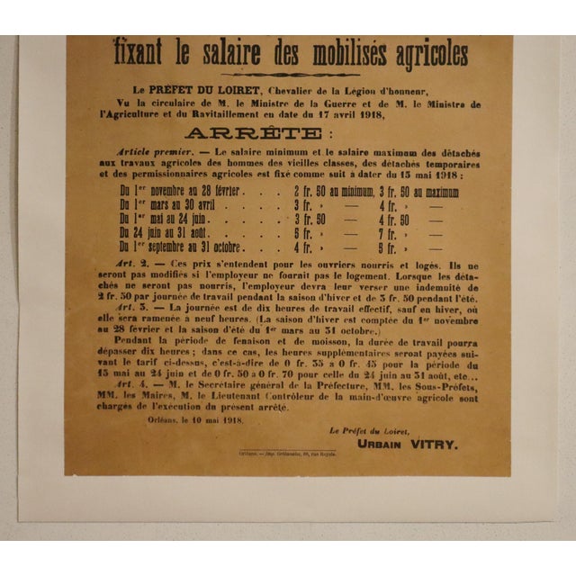 French 1918 French World War One Poster - "Arrête - Fixant Le Salaire Des Mobilisés Agricoles " (Text Only) For Sale - Image 3 of 3